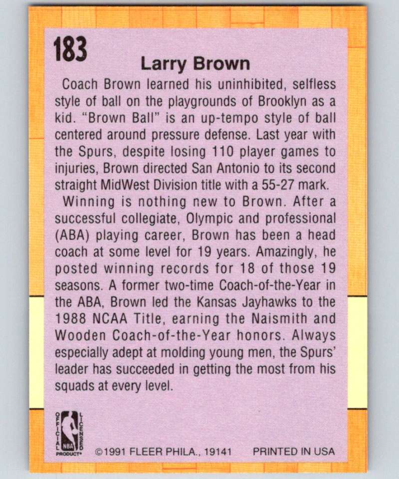 1991-92 Fleer #183 Larry Brown Spurs CO NBA Basketball Image 2