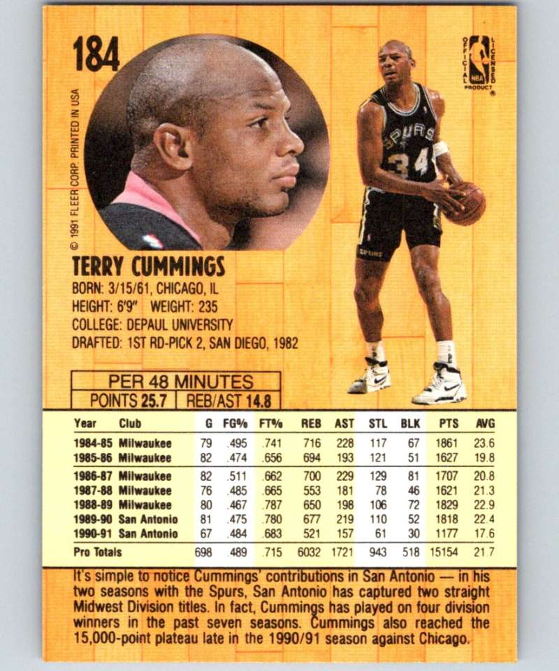 1991-92 Fleer #184 Terry Cummings Spurs NBA Basketball Image 2