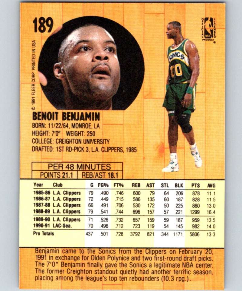 1991-92 Fleer #189 Benoit Benjamin NBA Basketball Image 2