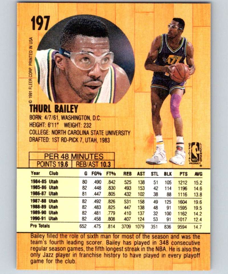 1991-92 Fleer #197 Thurl Bailey Jazz NBA Basketball Image 2