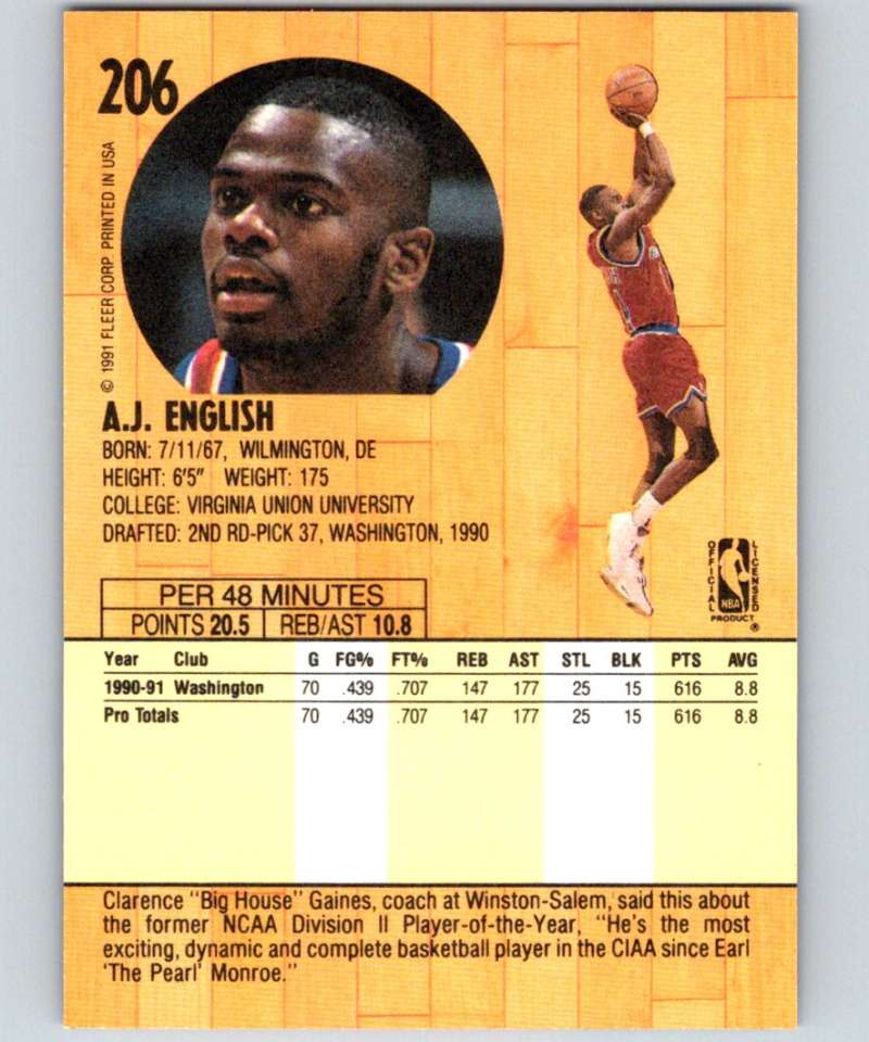 1991-92 Fleer #206 A.J. English Bullets NBA Basketball Image 2