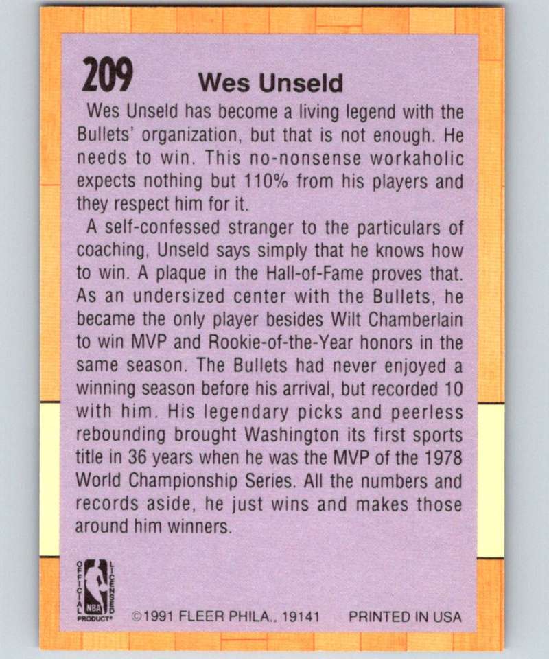 1991-92 Fleer #209 Wes Unseld Bullets CO NBA Basketball Image 2