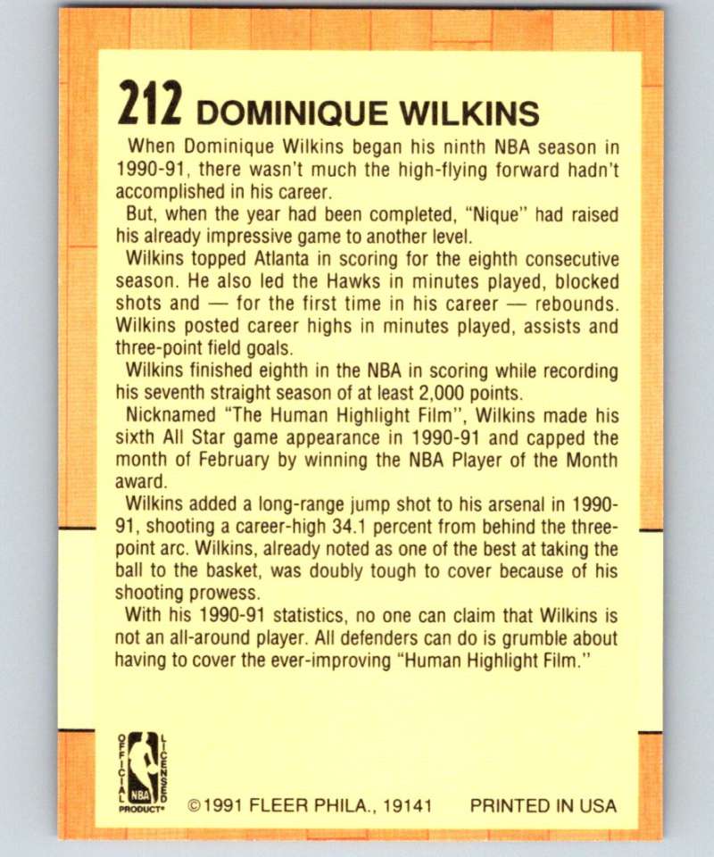 1991-92 Fleer #212 Dominique Wilkins Hawks AS NBA Basketball