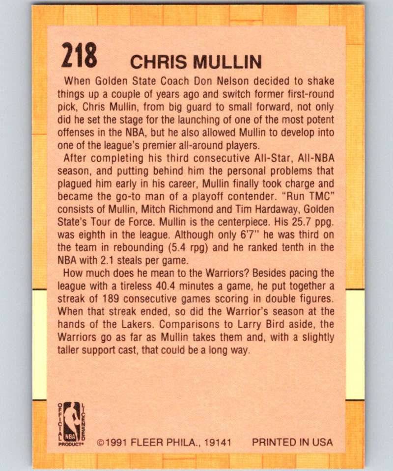 1991-92 Fleer #218 Chris Mullin Warriors AS NBA Basketball Image 2