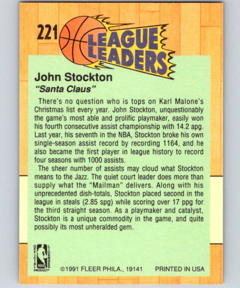 1991-92 Fleer #221 John Stockton Jazz LL NBA Basketball Image 2