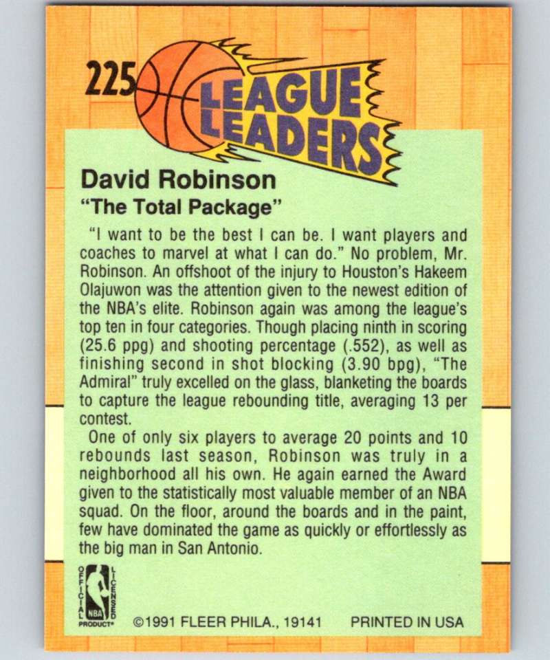 1991-92 Fleer #225 David Robinson Spurs LL NBA Basketball Image 2