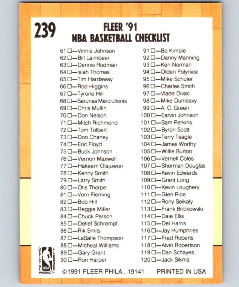 1991-92 Fleer #239 Checklist 1-120 NBA Basketball Image 2