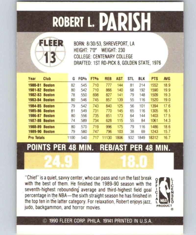 1990-91 Fleer #13 Robert Parish Celtics NBA Basketball Image 2