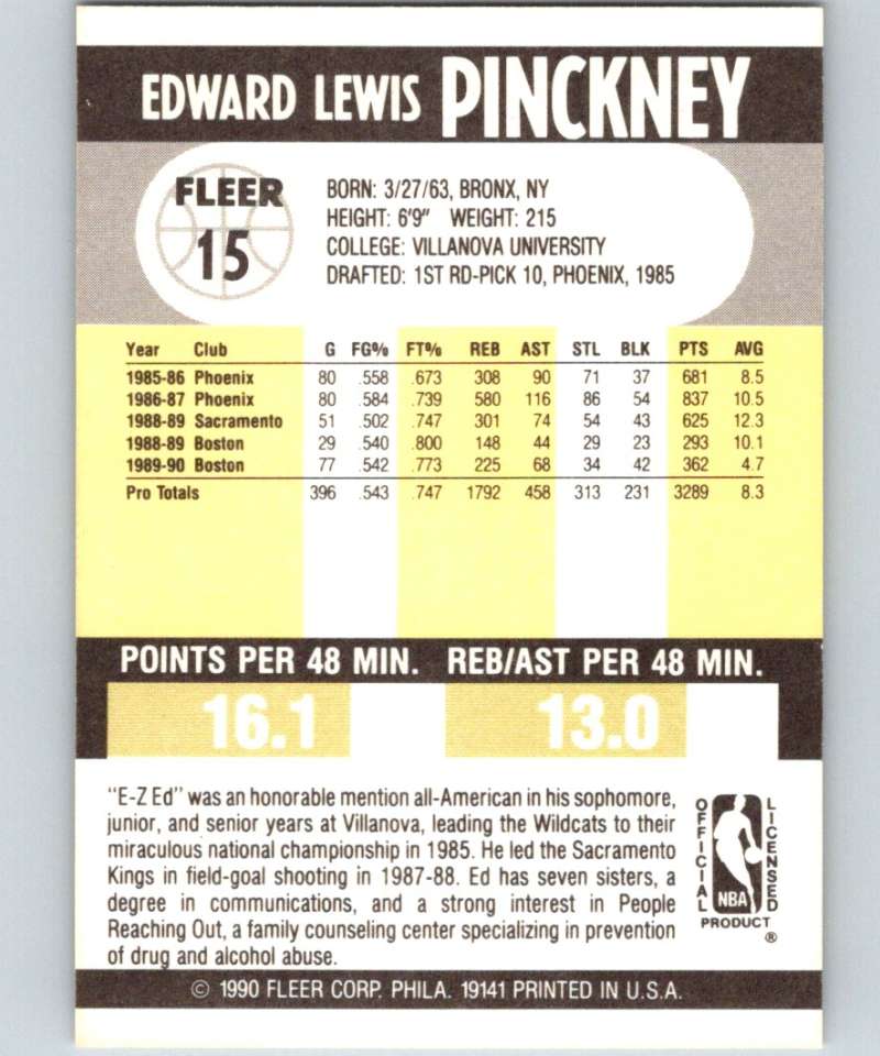 1990-91 Fleer #15 Ed Pinckney Celtics NBA Basketball Image 2