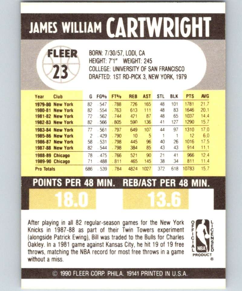 1990-91 Fleer #23 Bill Cartwright Bulls  NBA Basketball