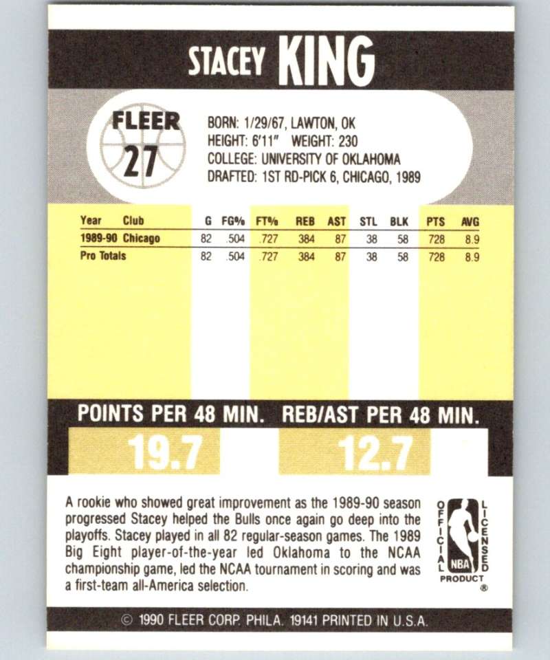 1990-91 Fleer #27 Stacey King RC Rookie Bulls NBA Basketball Image 2