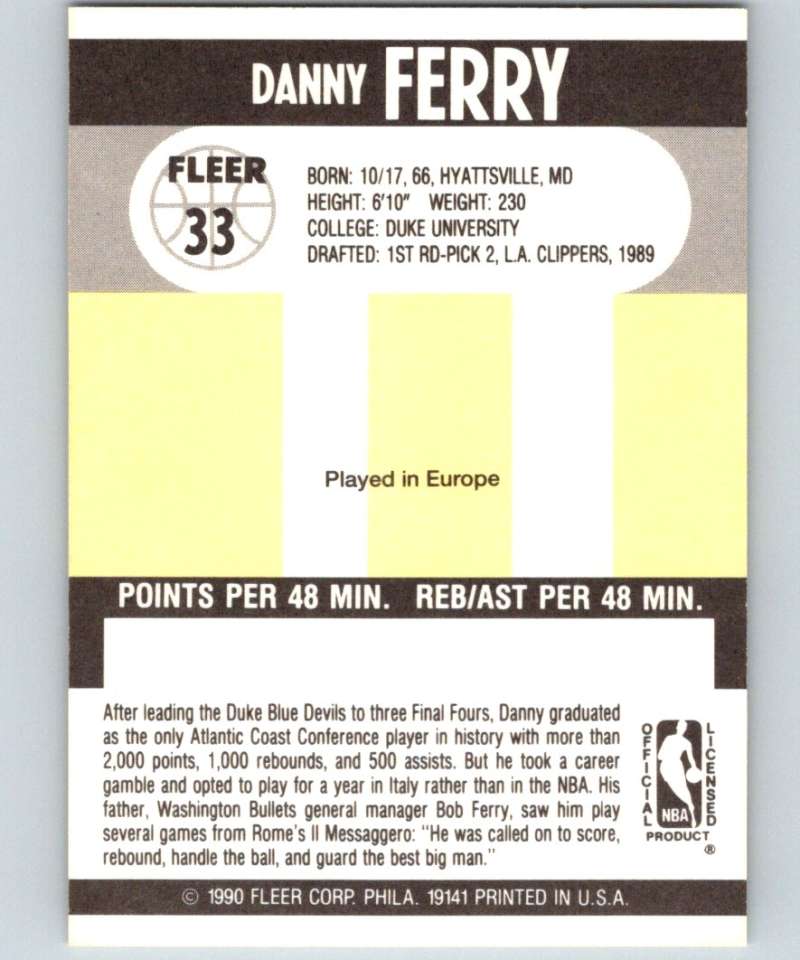 1990-91 Fleer #33 Danny Ferry RC Rookie Cavaliers NBA Basketball Image 2