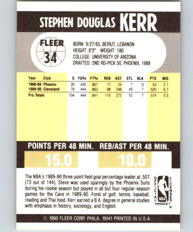 1990-91 Fleer #34 Steve Kerr Cavaliers NBA Basketball Image 2
