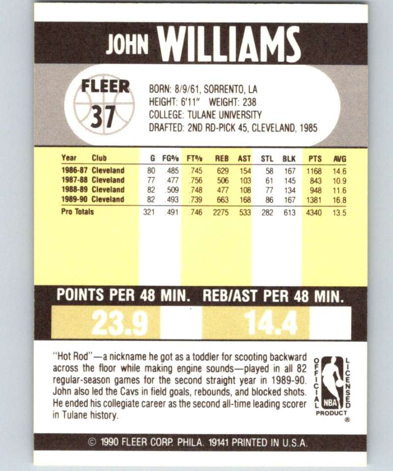 1990-91 Fleer #37 Hot Rod Williams Cavaliers NBA Basketball Image 2
