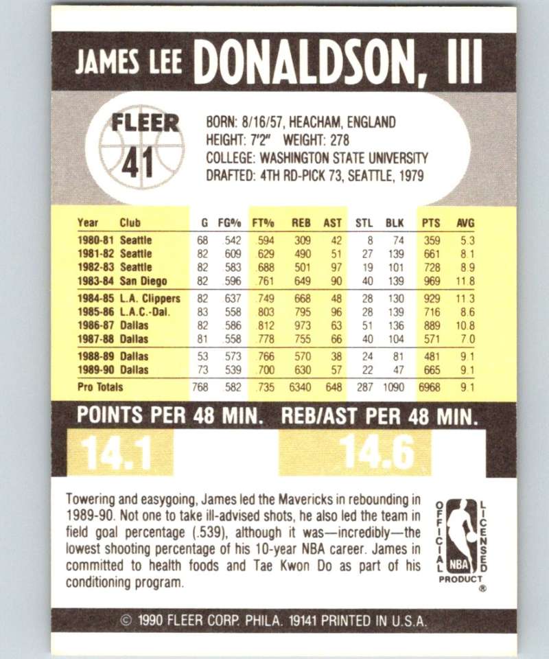 1990-91 Fleer #41 James Donaldson Mavericks UER NBA Basketball Image 2