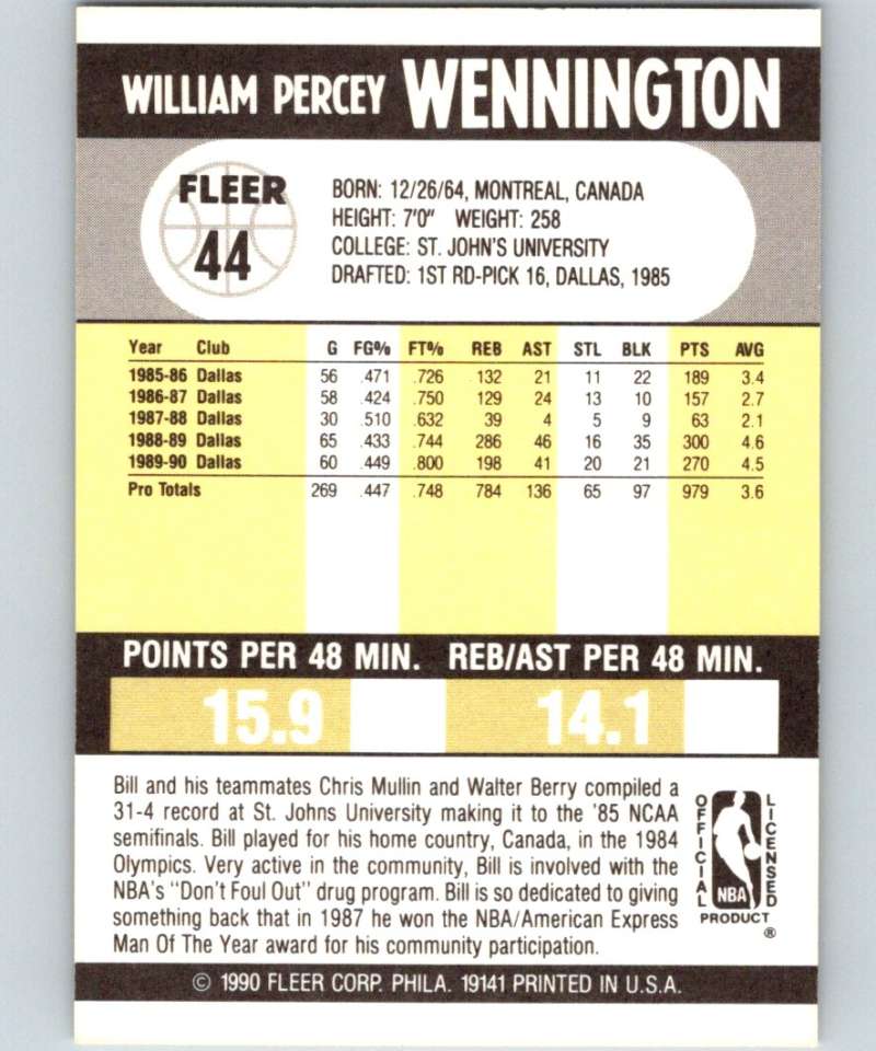 1990-91 Fleer #44 Bill Wennington Mavericks NBA Basketball Image 2