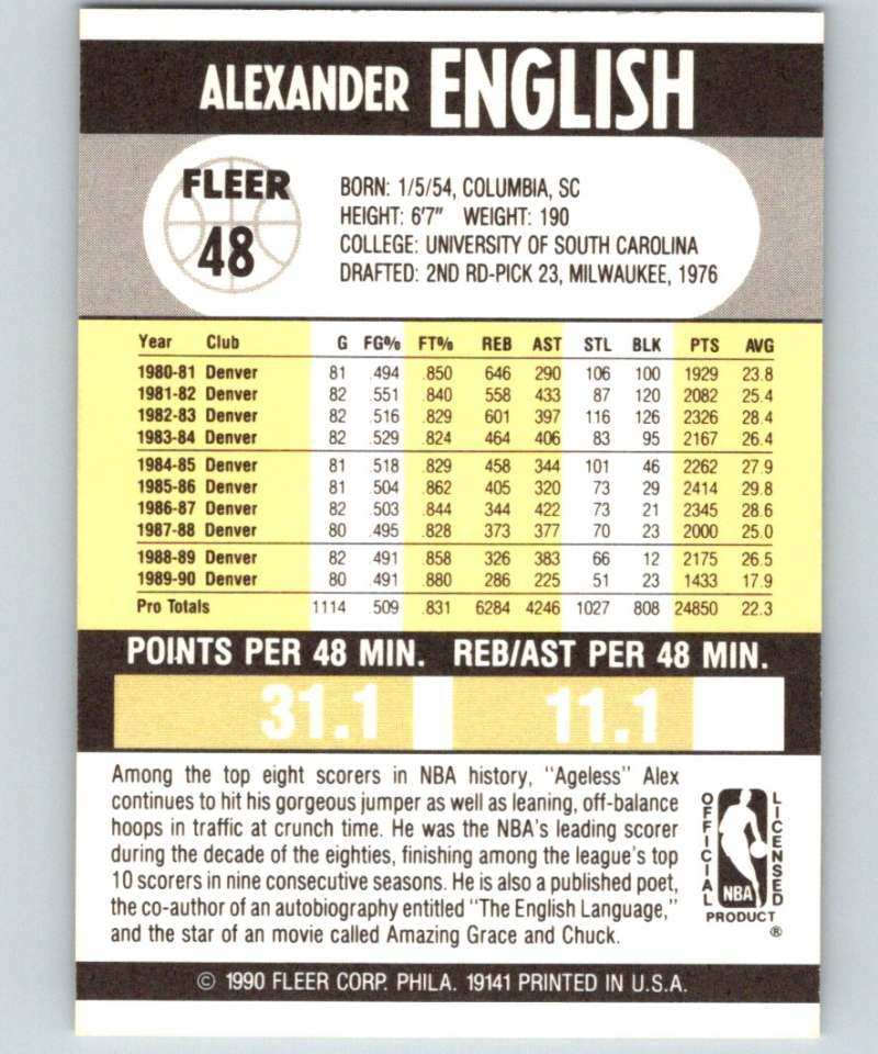 1990-91 Fleer #48 Alex English Nuggets UER NBA Basketball Image 2