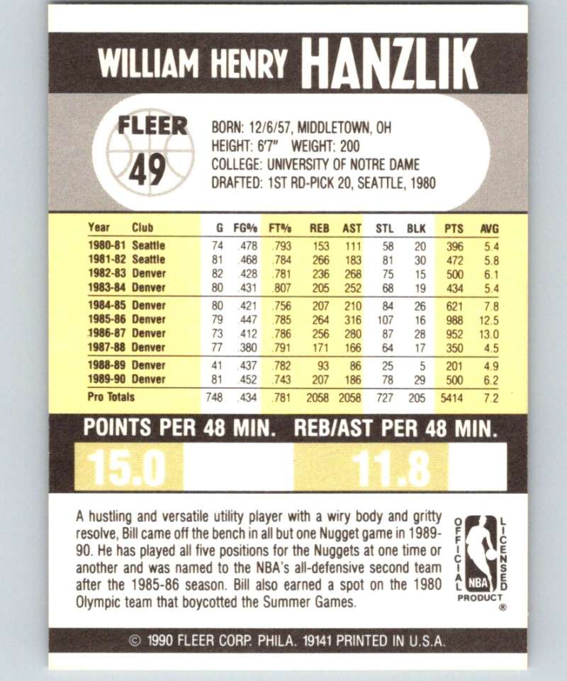 1990-91 Fleer #49 Bill Hanzlik Nuggets NBA Basketball Image 2