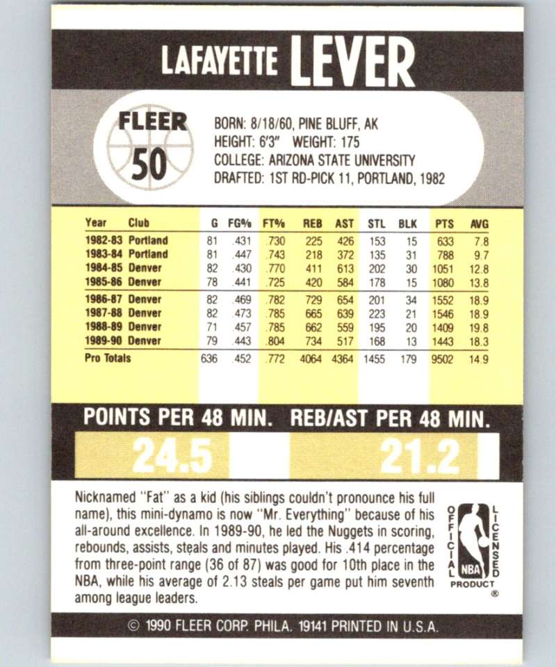 1990-91 Fleer #50 Lafayette Lever Mavericks UER NBA Basketball Image 2