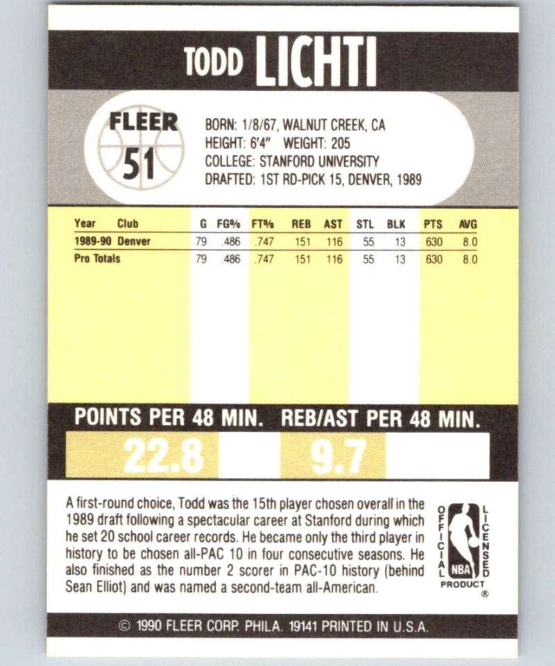 1990-91 Fleer #51 Todd Lichti RC Rookie Nuggets NBA Basketball Image 2