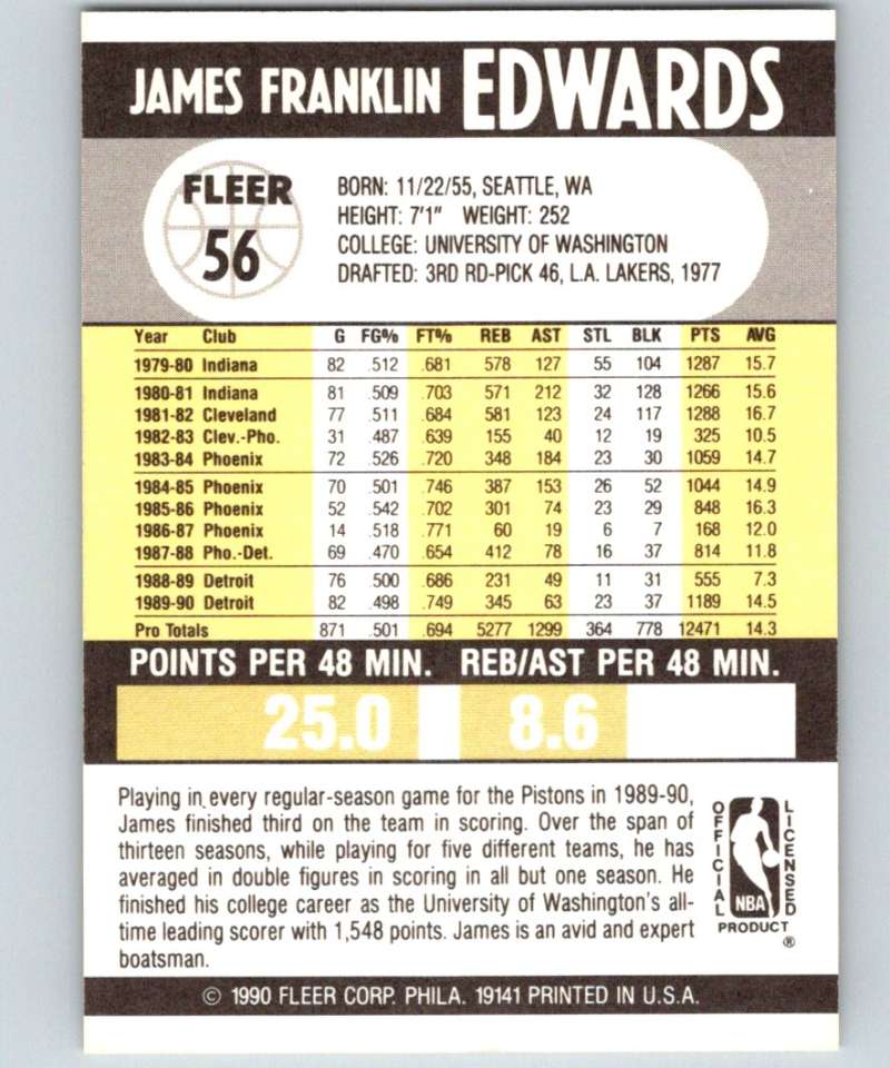 1990-91 Fleer #56 James Edwards Pistons NBA Basketball