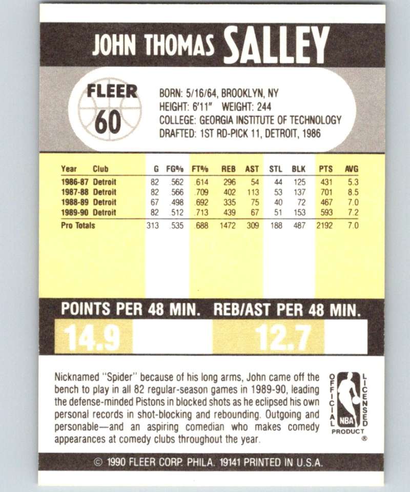 1990-91 Fleer #60 John Salley Pistons NBA Basketball