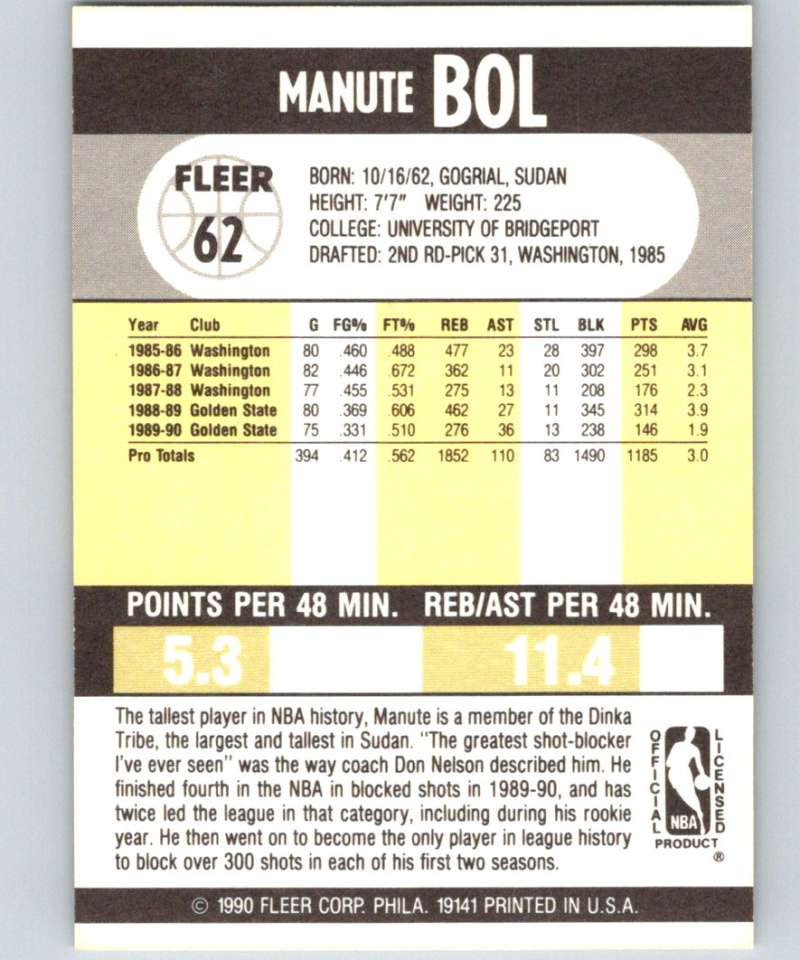 1990-91 Fleer #62 Manute Bol Warriors NBA Basketball