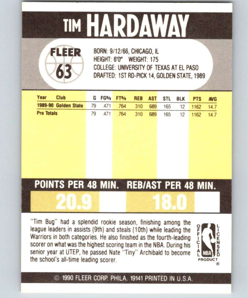 1990-91 Fleer #63 Tim Hardaway RC Rookie Warriors NBA Basketball