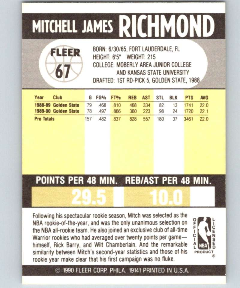 1990-91 Fleer #67 Mitch Richmond Warriors NBA Basketball Image 2