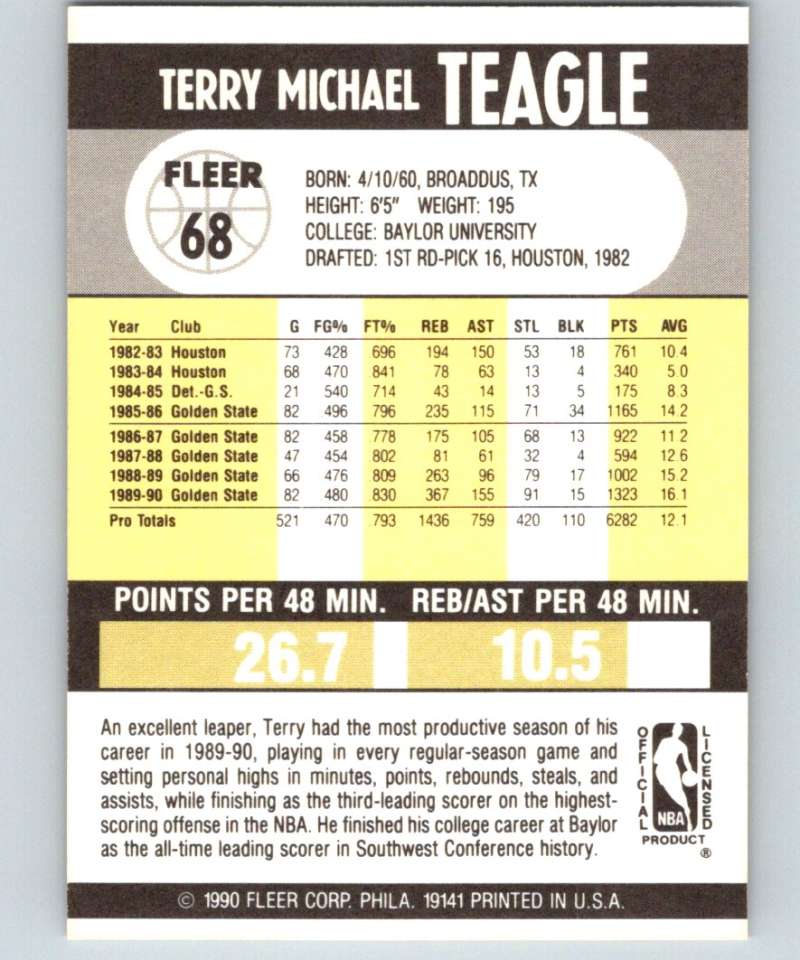 1990-91 Fleer #68 Terry Teagle Warriors NBA Basketball Image 2