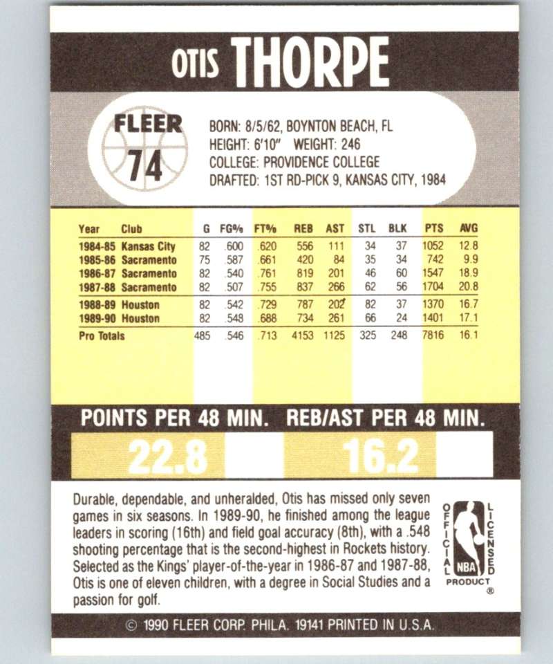 1990-91 Fleer #74 Otis Thorpe Rockets NBA Basketball Image 2