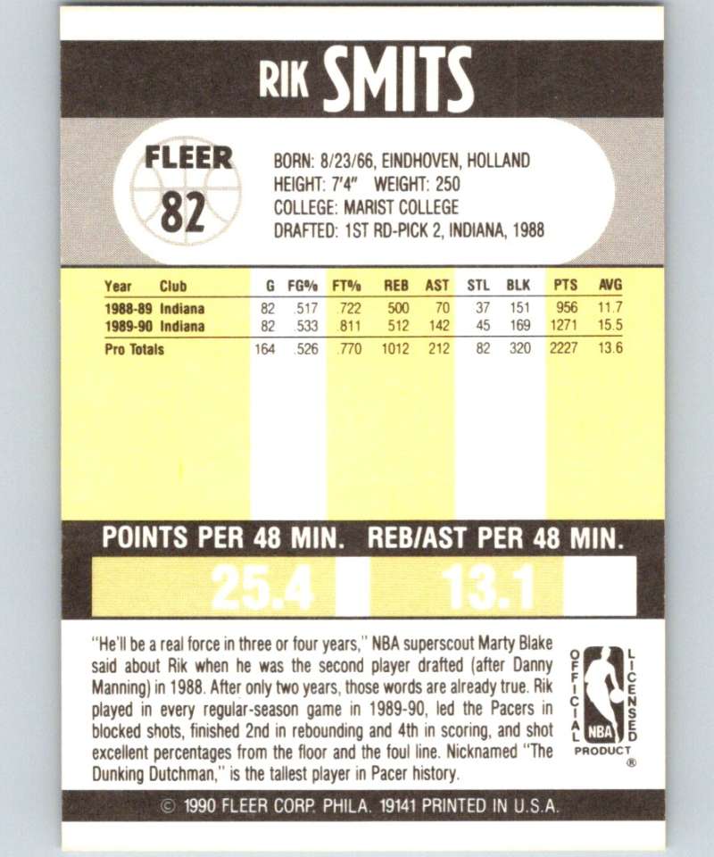 1990-91 Fleer #82 Rik Smits Pacers NBA Basketball Image 2