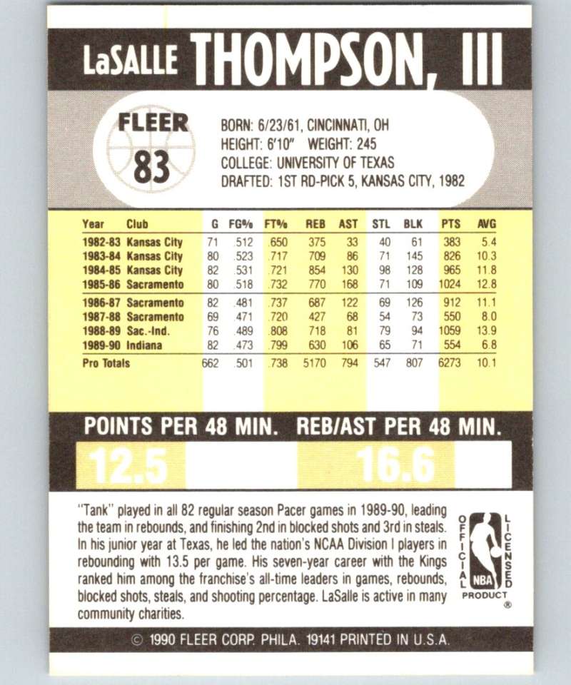 1990-91 Fleer #83 LaSalle Thompson Pacers NBA Basketball Image 2