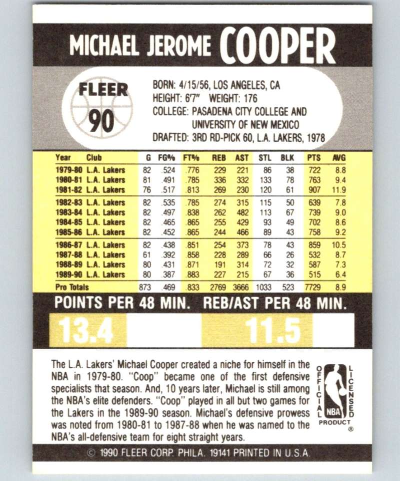 1990-91 Fleer #90 Michael Cooper Lakers NBA Basketball