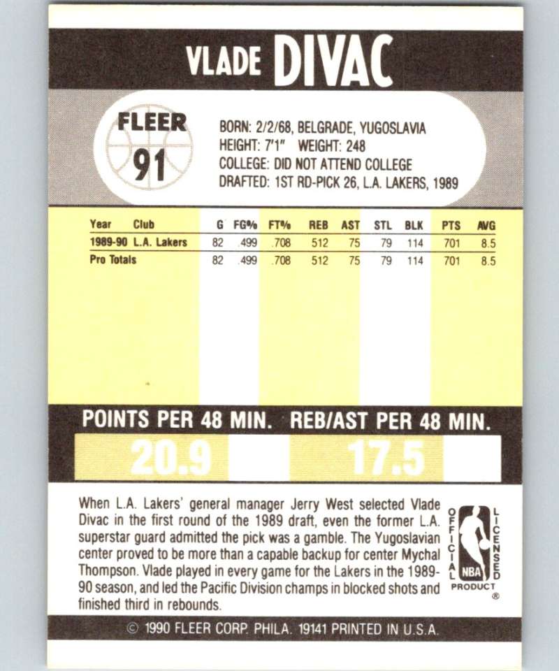1990-91 Fleer #91 Vlade Divac RC Rookie Lakers NBA Basketball