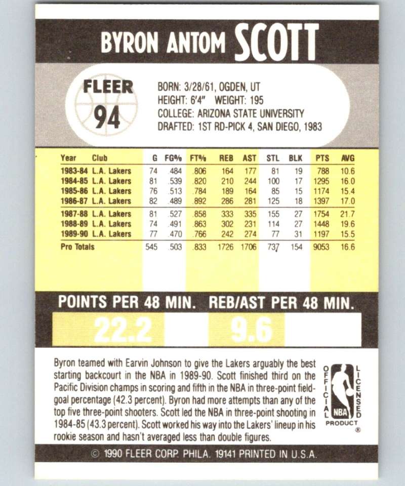1990-91 Fleer #94 Byron Scott Lakers NBA Basketball Image 2
