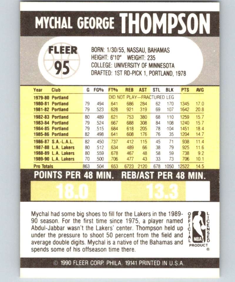 1990-91 Fleer #95 Mychal Thompson Lakers UER NBA Basketball Image 2