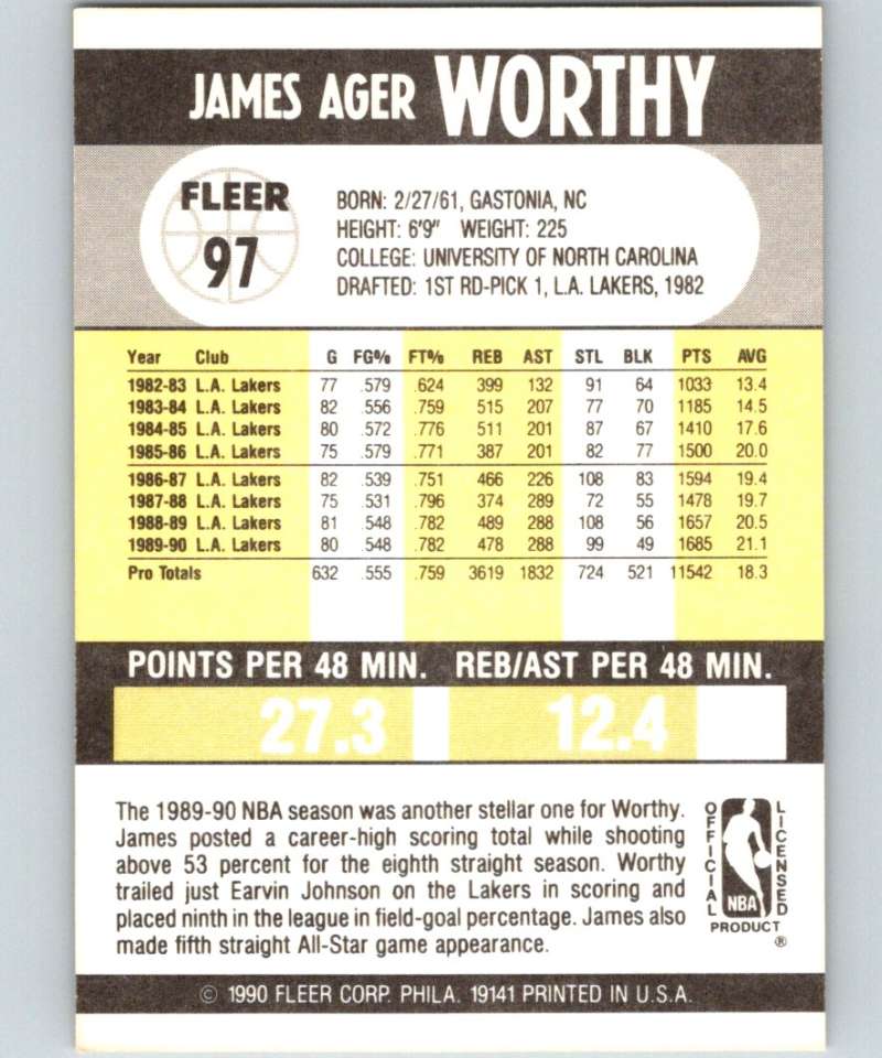 1990-91 Fleer #97 James Worthy Lakers NBA Basketball Image 2