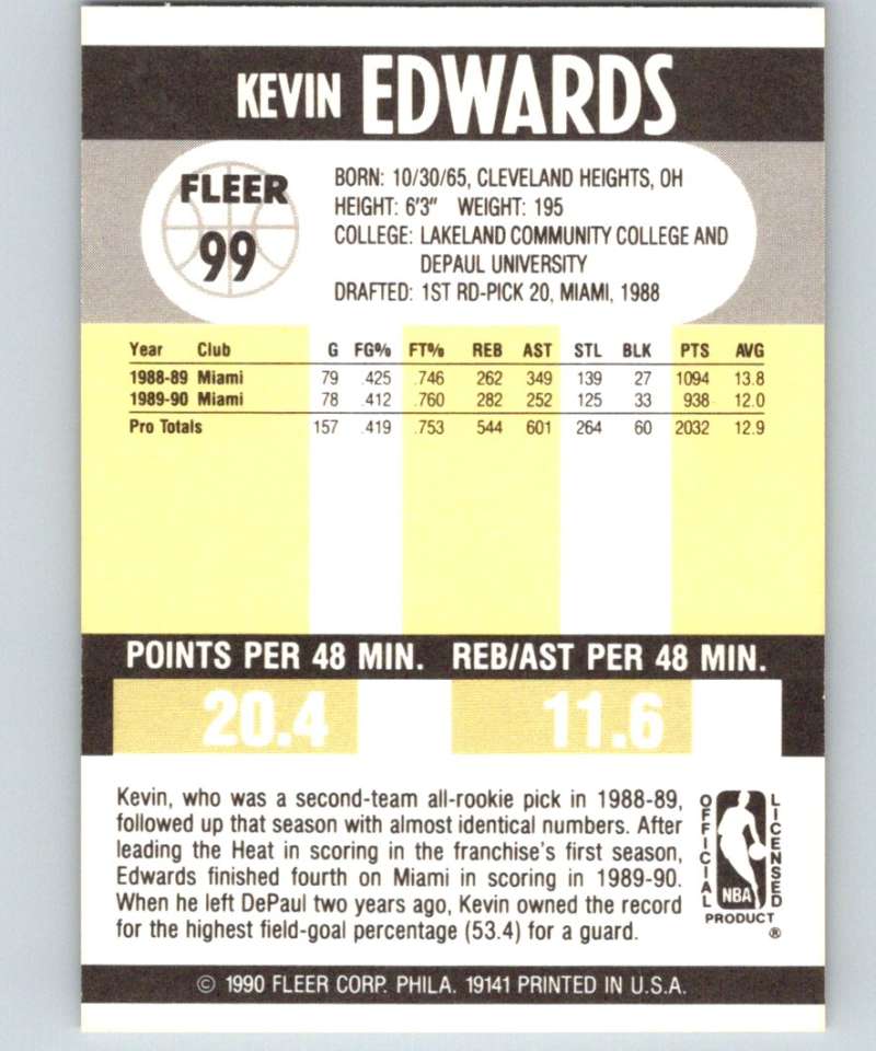 1990-91 Fleer #99 Kevin Edwards Heat NBA Basketball Image 2