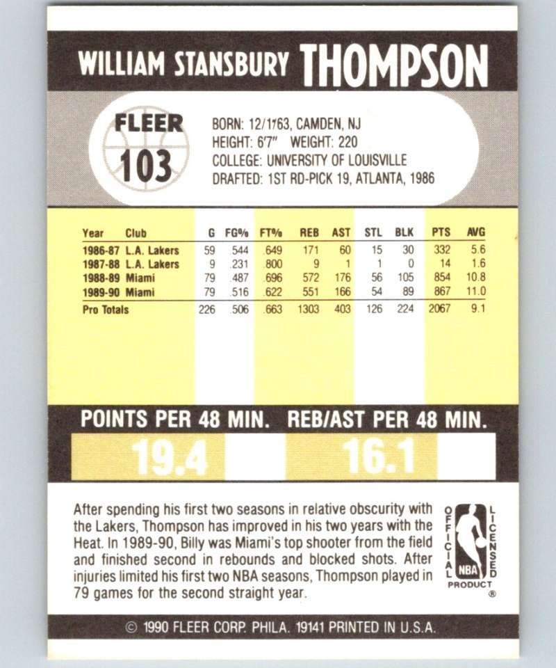 1990-91 Fleer #103 Billy Thompson Heat NBA Basketball Image 2