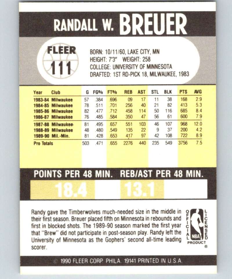 1990-91 Fleer #111 Randy Breuer Timberwolves NBA Basketball Image 2