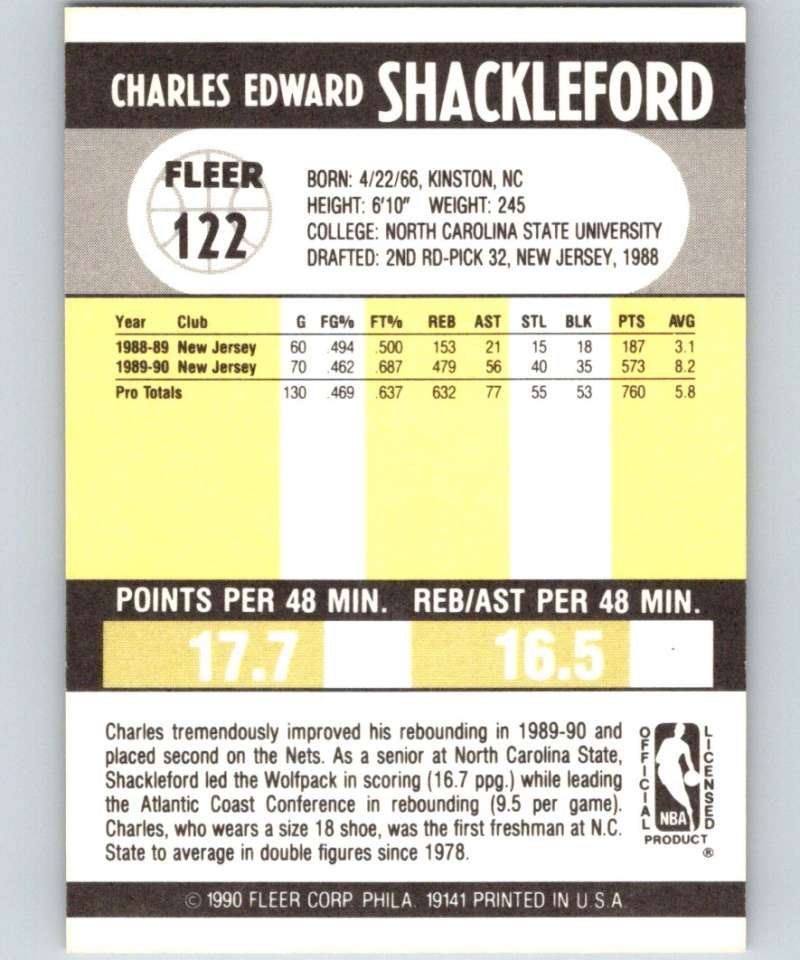 1990-91 Fleer #122 Charles Shackleford NJ Nets NBA Basketball