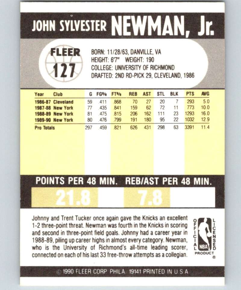 1990-91 Fleer #127 Johnny Newman Knicks  NBA Basketball Image 2