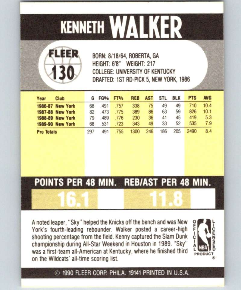 1990-91 Fleer #130 Kenny Walker Knicks NBA Basketball