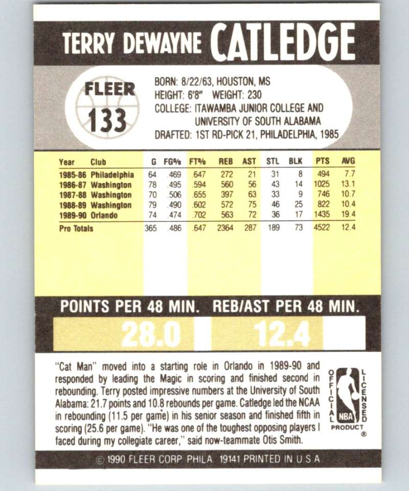 1990-91 Fleer #133 Terry Catledge Magic NBA Basketball Image 2