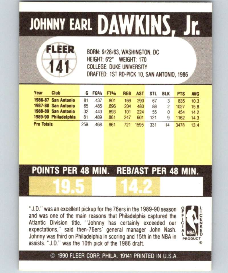 1990-91 Fleer #141 Johnny Dawkins 76ers NBA Basketball Image 2