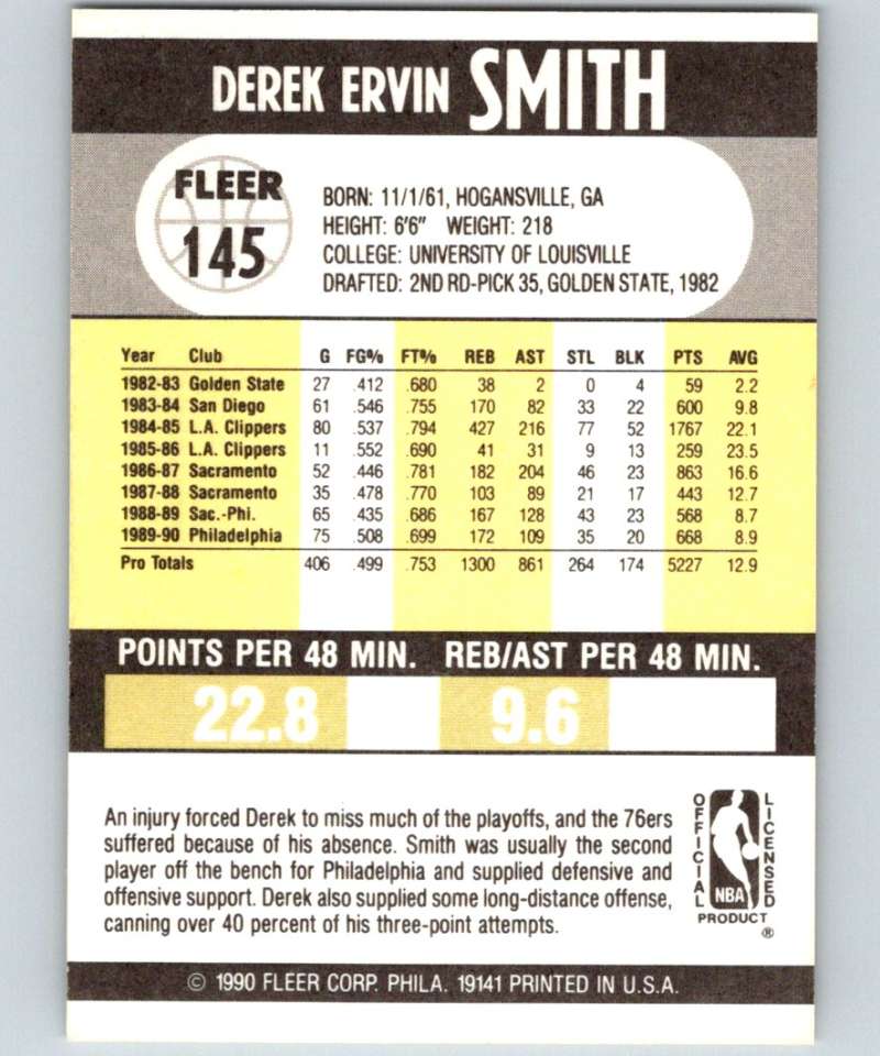 1990-91 Fleer #145 Derek Smith 76ers NBA Basketball