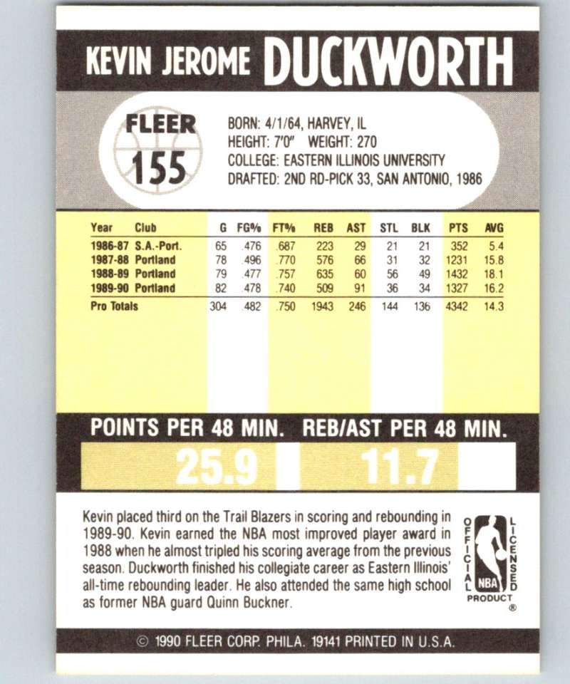 1990-91 Fleer #155 Kevin Duckworth Blazers NBA Basketball Image 2