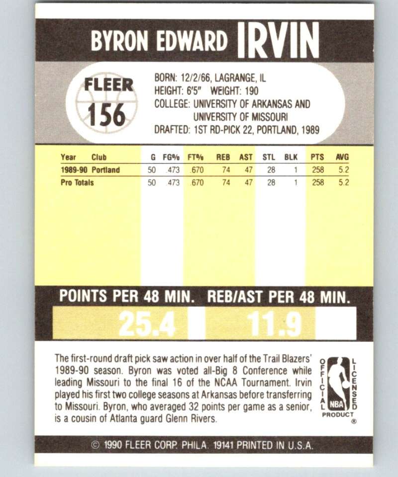 1990-91 Fleer #156 Byron Irvin Blazers NBA Basketball Image 2