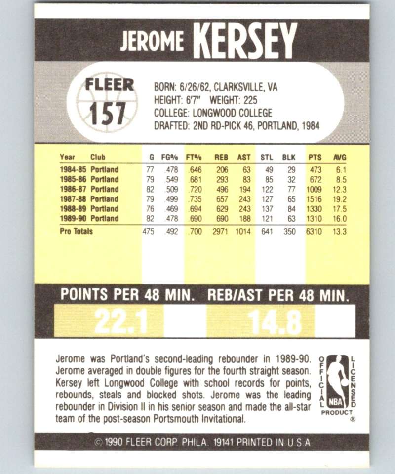 1990-91 Fleer #157 Jerome Kersey Blazers NBA Basketball Image 2